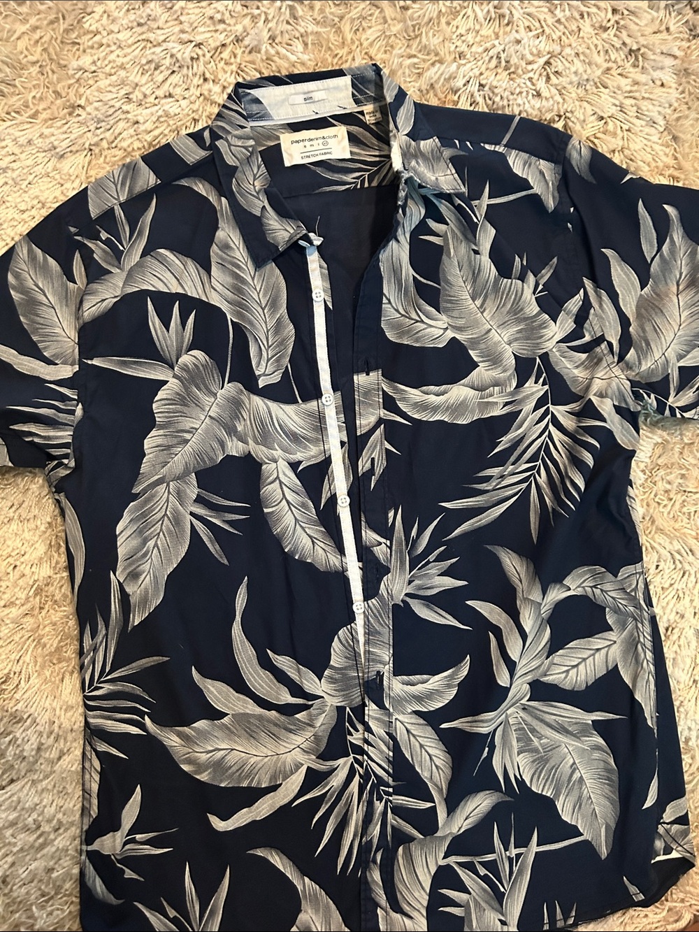 Paper Denim & Cloth Navy White Tropical Print Short Sleeve Shirt